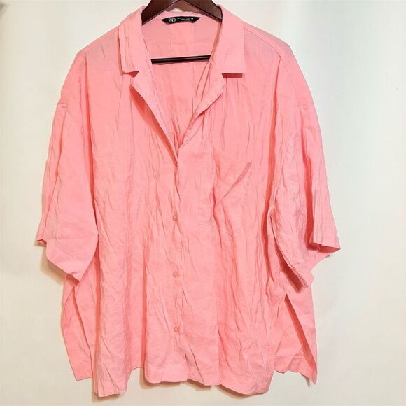 ZARA Tops - ZARA Women's Pink Oversized Button-Up Shirt XL Short Sleeve
